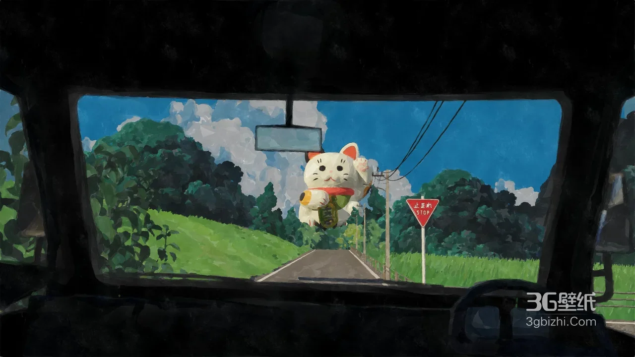 乡间公路巨型招财猫·日系治愈风插画 宽屏车机壁纸优选1