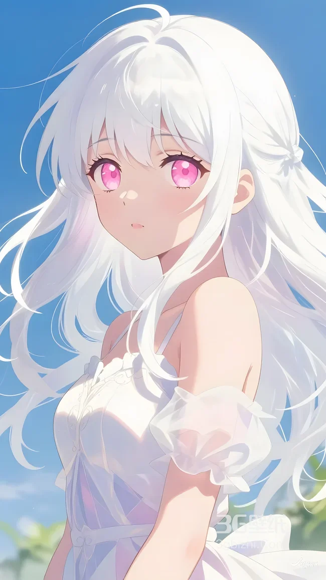 白发粉瞳少女·二次元唯美风 高清动漫手机壁纸1