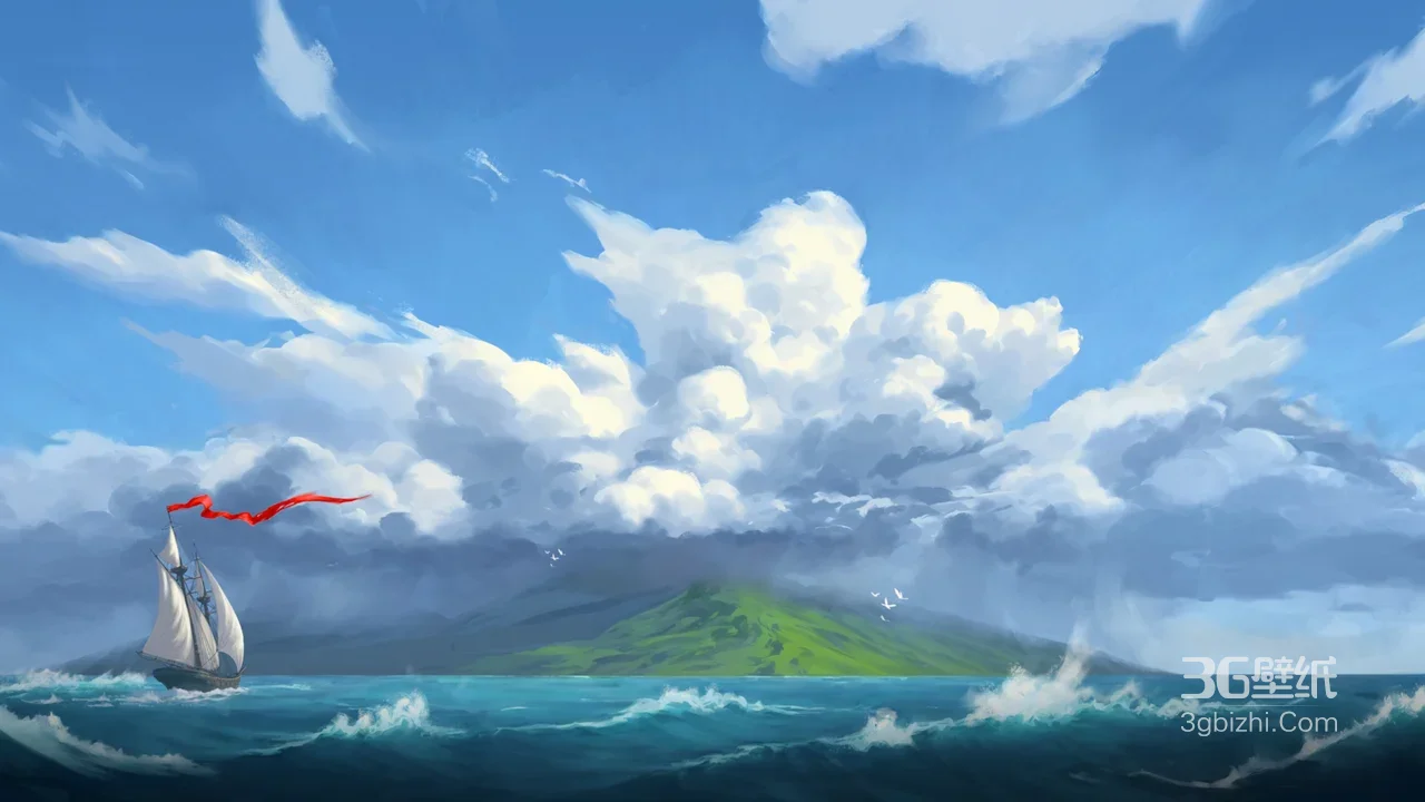 扬帆破浪绿岛云海·唯美写实风冒险插画 高热度电脑壁纸1