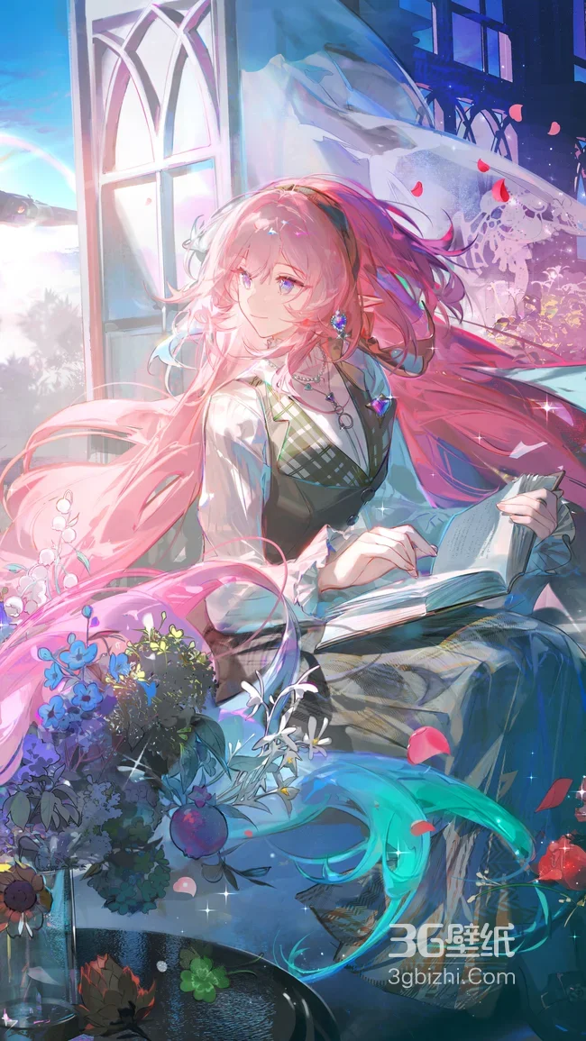 粉色长发少女·花境读书 唯美二次元插画 高人气手机壁纸1