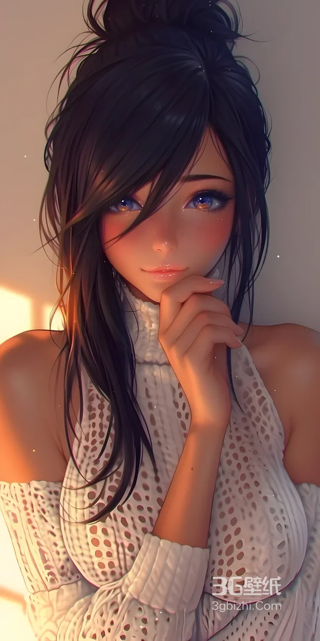 二次元唯美光影少女·露肩针织衫原创插画手机壁纸1