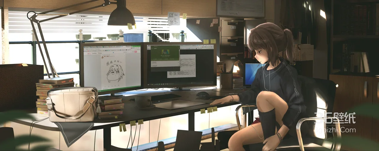 职场办公·二次元女孩（写实风·原创插画）高人气电脑桌面背景1