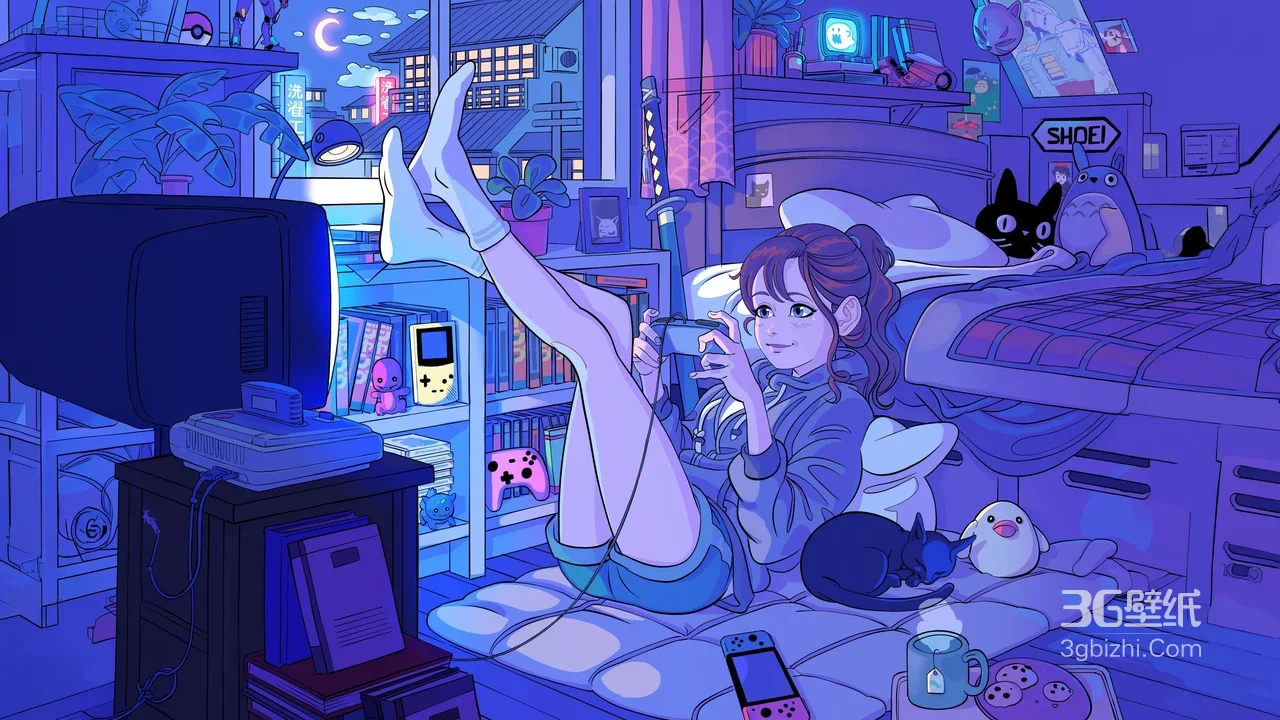 二次元游戏少女·深夜霓虹日式卧室 治愈风电脑壁纸1