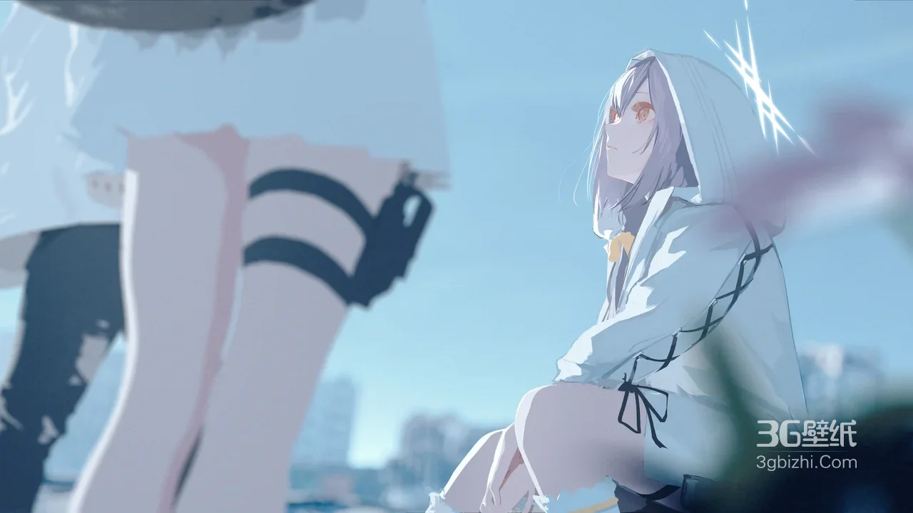 动漫少女·连帽白衣坐姿 二次元唯美清新电脑壁纸优选1