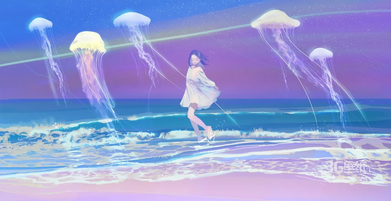 海边白衣少女与发光水母 唯美二次元宽屏车机壁纸1