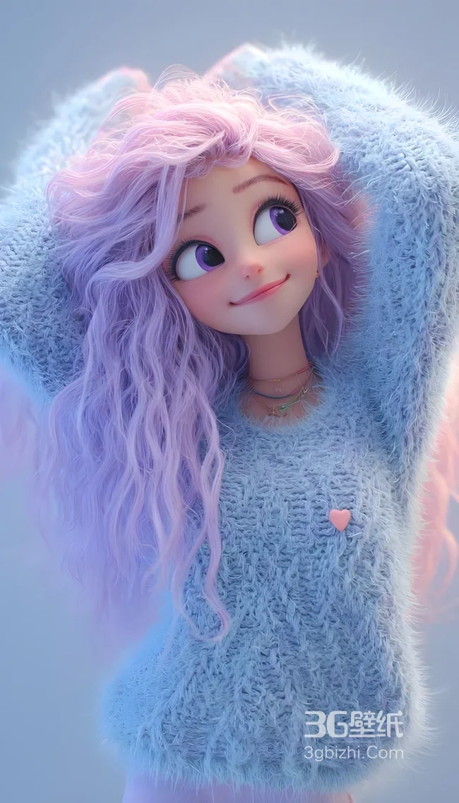 3D拟人女孩·粉紫卷发蓝毛衣·唯美治愈手机壁纸1