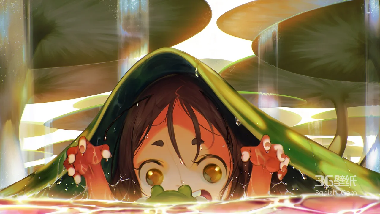 动漫女孩·荷叶遮雨 二次元唯美电脑壁纸1