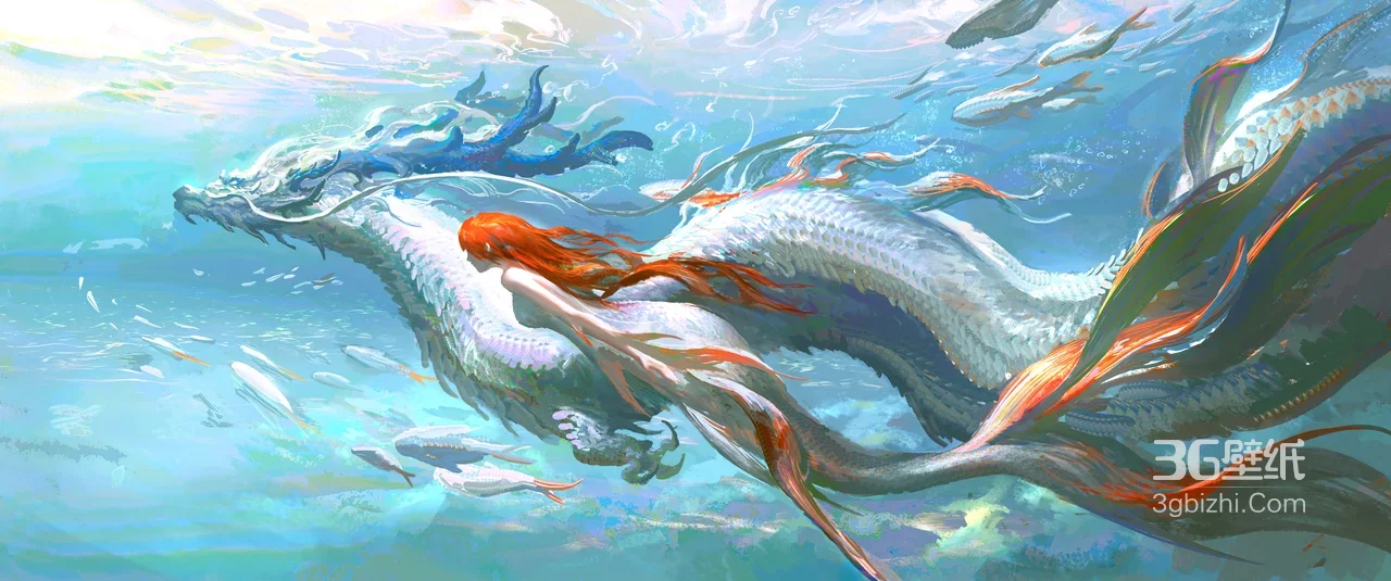 红发美人鱼·白龙伴游 国风唯美原创插画 宽屏电脑壁纸1