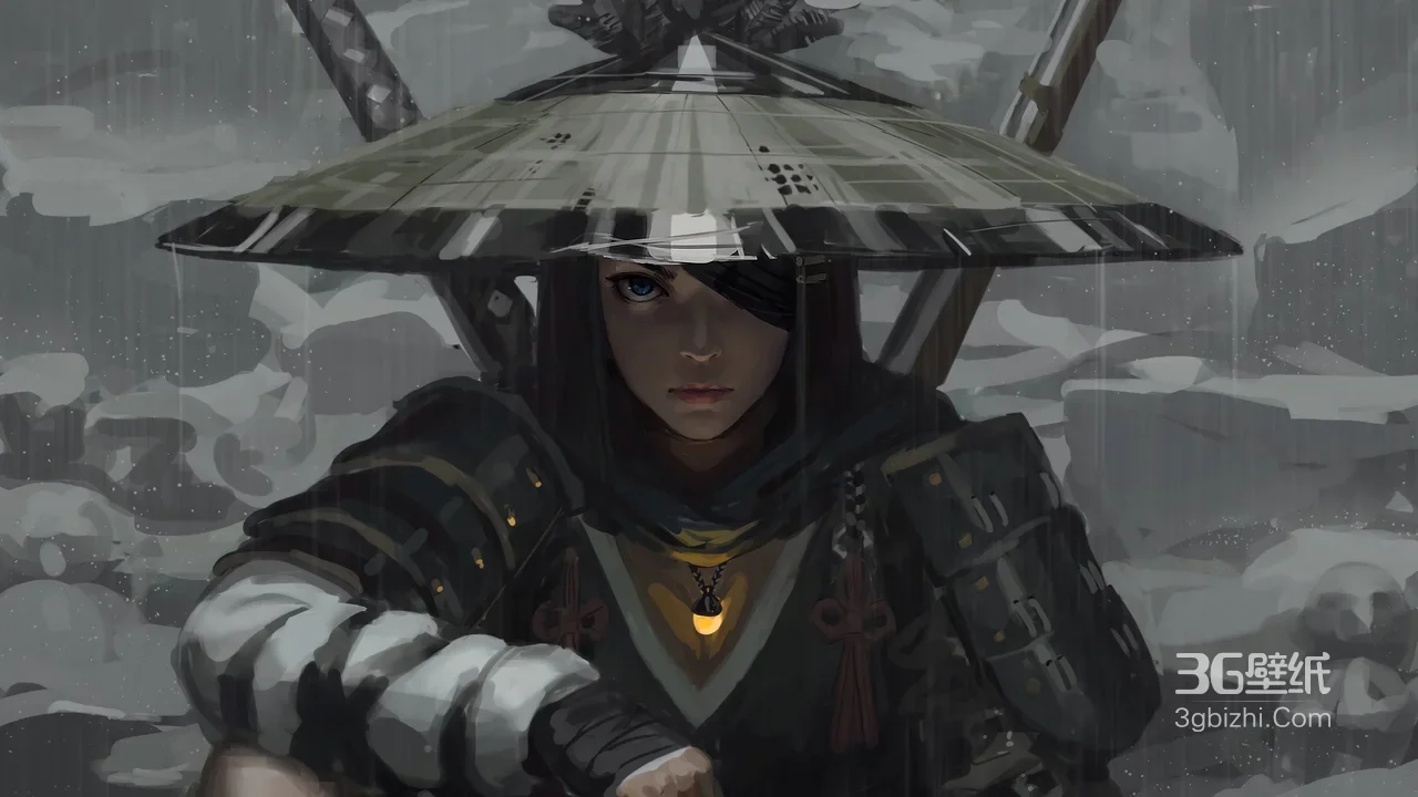 独眼女武士·斗笠战甲 国风写实游戏风 冷雨意境电脑壁纸1