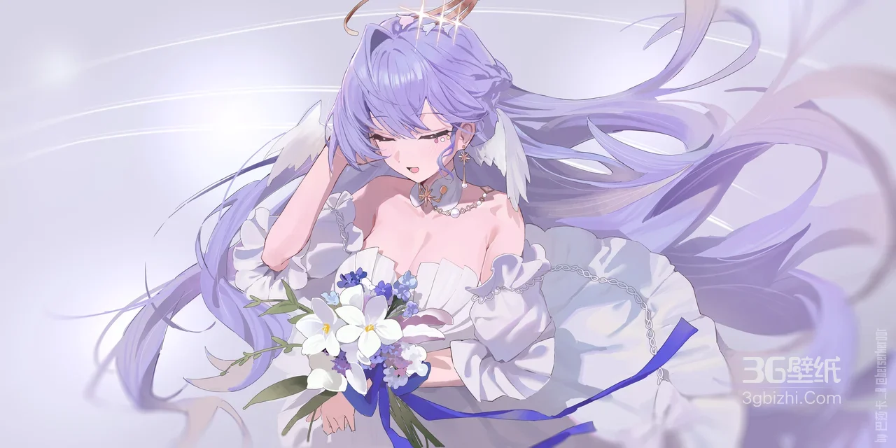 唯美紫发婚纱少女 捧花翅膀梦幻风电脑壁纸（高人气）1