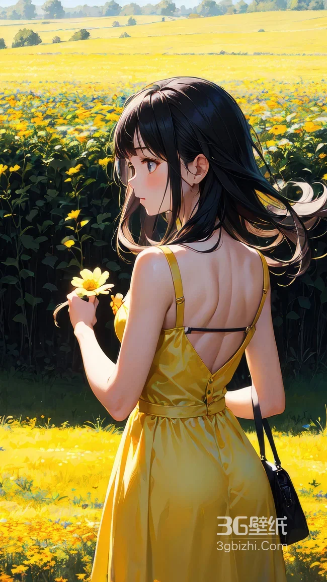 二次元黑发少女·黄裙风动发丝 唯美手机壁纸1