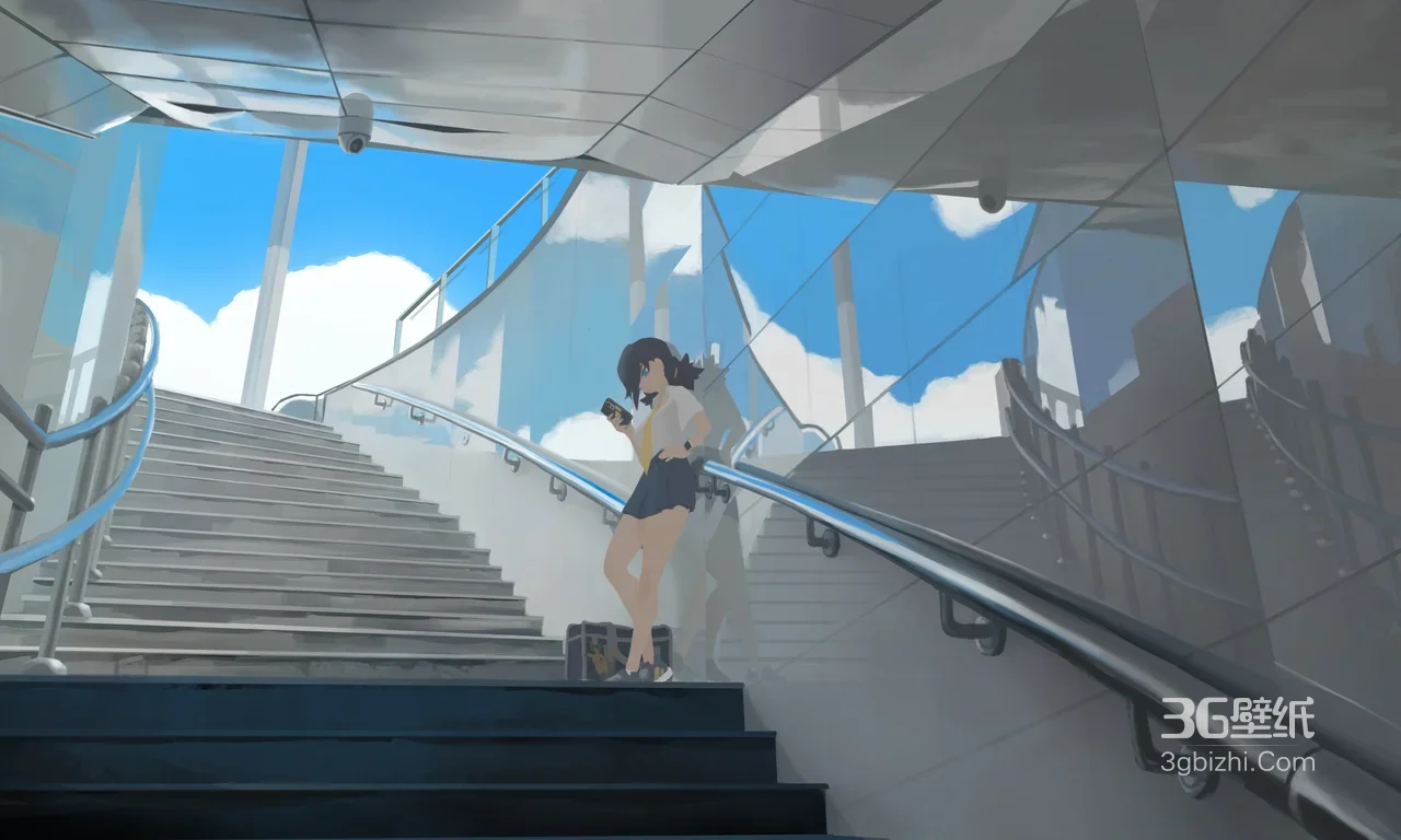 短发少女倚靠楼梯 现代场景宽屏电脑壁纸1