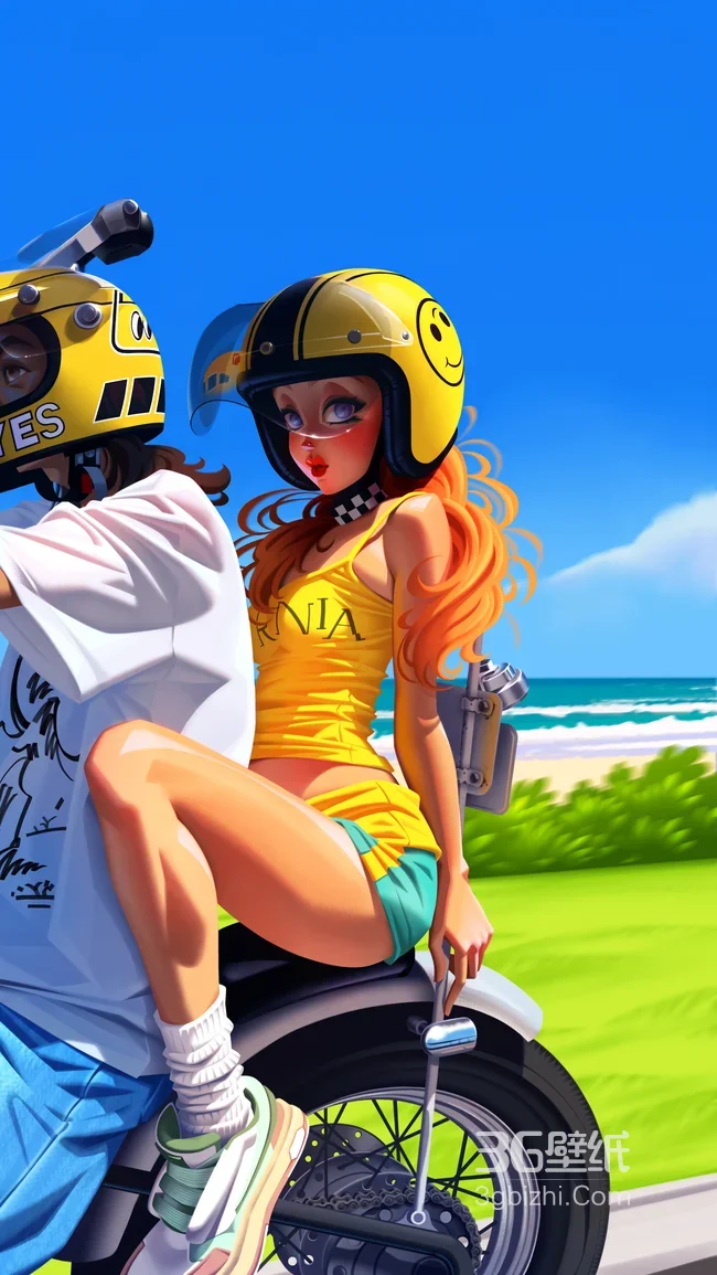 潮流卡通摩托骑行情侣·红发女孩笑脸头盔 海滨手机壁纸1