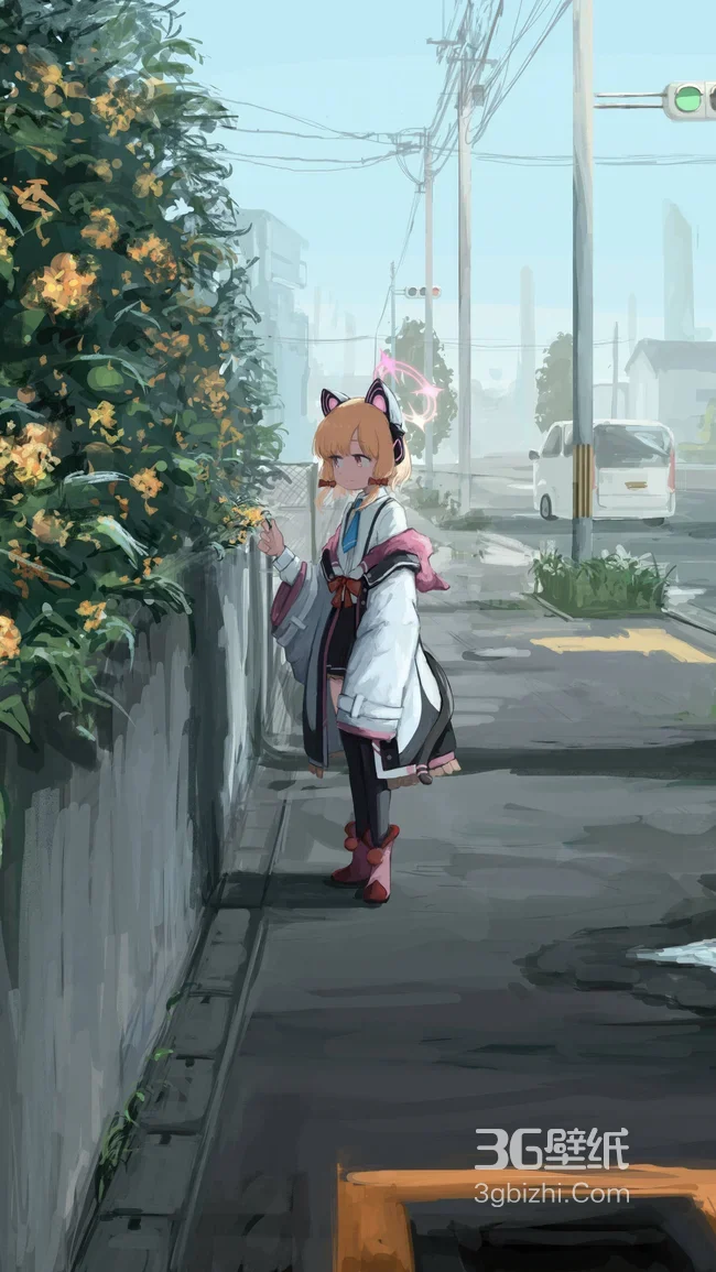 猫耳和风少女·日系清新城市街道 二次元治愈手机壁纸1