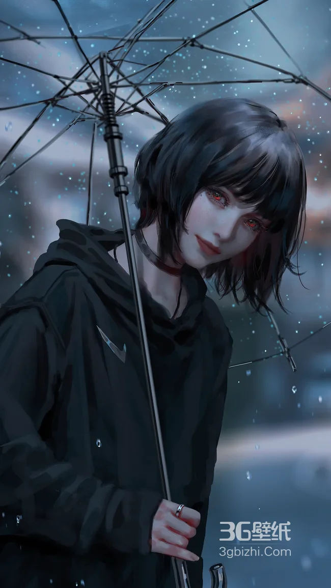 暗黑写实风红瞳短发少女·雨夜撑伞 原创插画壁纸1