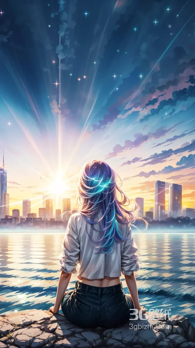 背影少女·星光渐变发 二次元唯美城市日落湖畔 高热度壁纸1