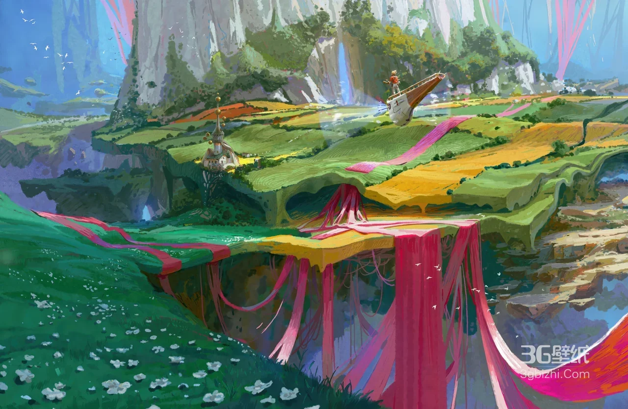 奇幻浮空田园·飞行船与粉色丝带 唯美风宽屏车机壁纸1