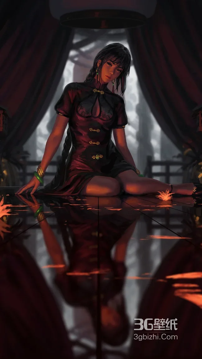 暗黑国风旗袍女子·复古盘扣 原创插画热门手机壁纸1