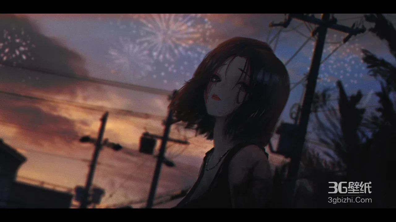 短发少女·烟花黄昏 暗黑唯美原创插画 宽屏电脑壁纸1