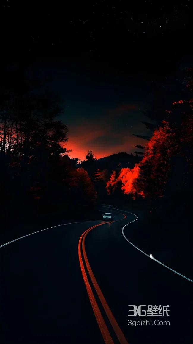 暗夜林间公路驰行·暗黑氛围感公路夜景手机壁纸1