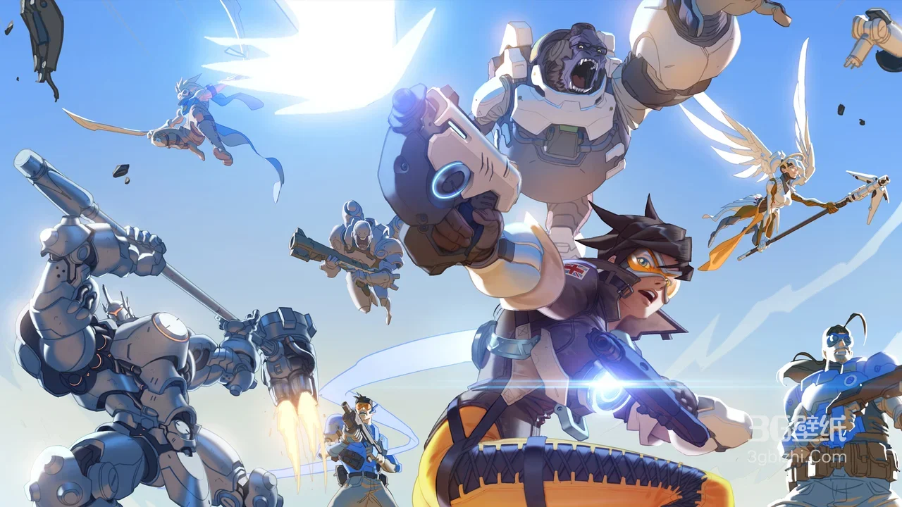 守望先锋角色群像·猎空双枪·动漫游戏风 热血战斗电脑壁纸1