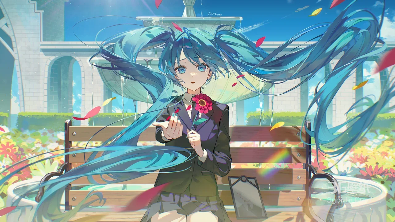 初音未来·蓝发双马尾 日系唯美花园 虚拟歌姬电脑壁纸1