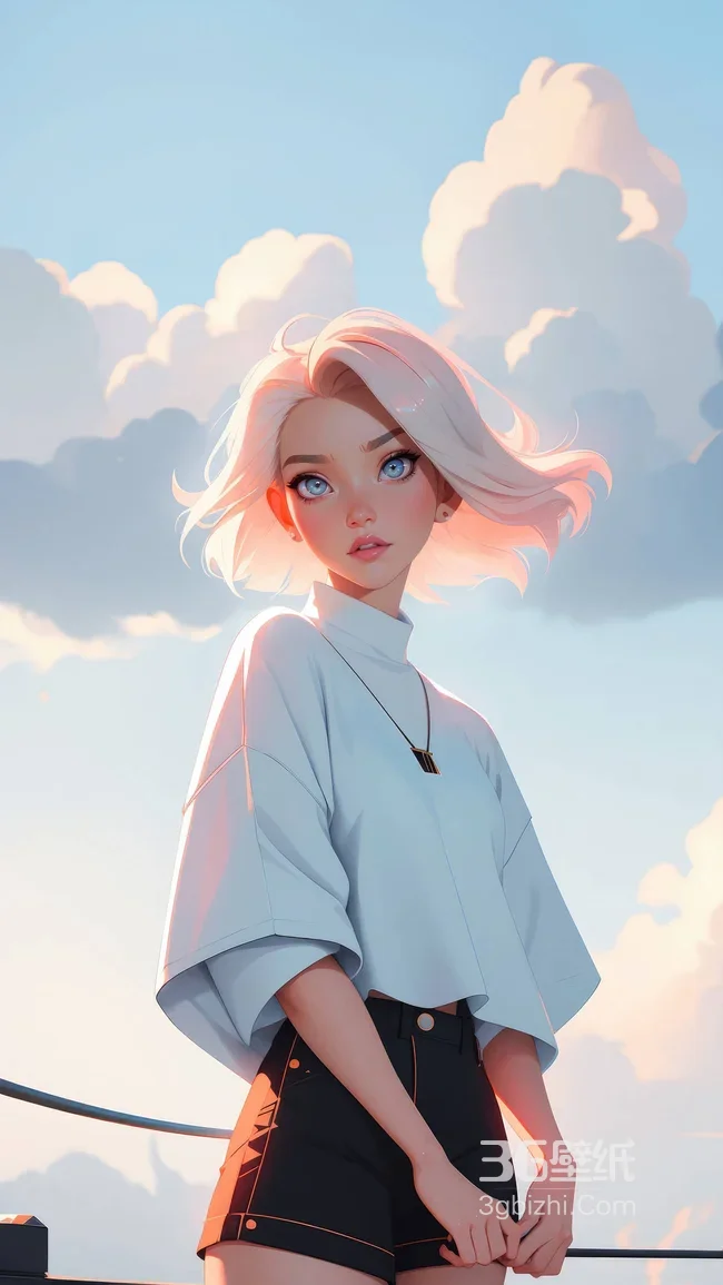 白发蓝眼少女·二次元清新风 晴空天台唯美壁纸1