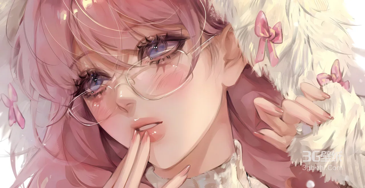 粉发眼镜少女·毛绒蝴蝶结 唯美二次元宽屏电脑壁纸1