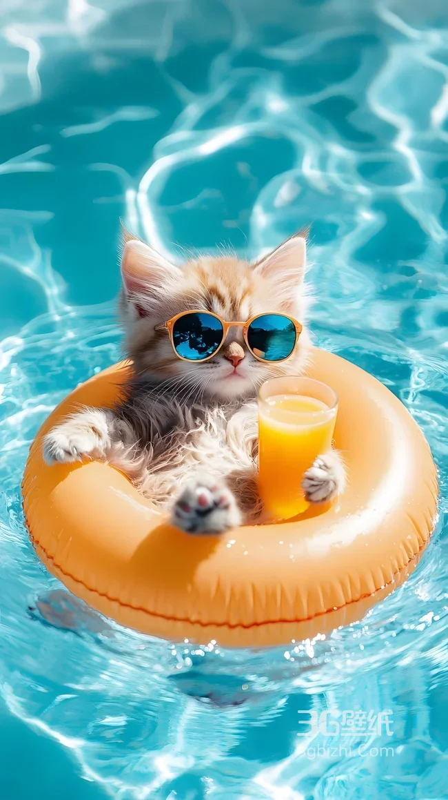 度假小猫·墨镜泳圈橙汁·清新治愈 夏日清凉宠物手机壁纸1
