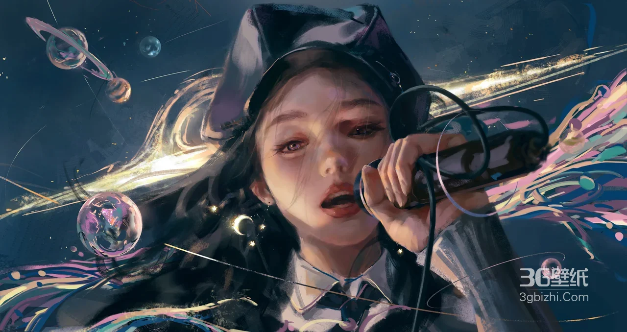 唱歌少女·梦幻写实风 宇宙星球宽屏车机壁纸1