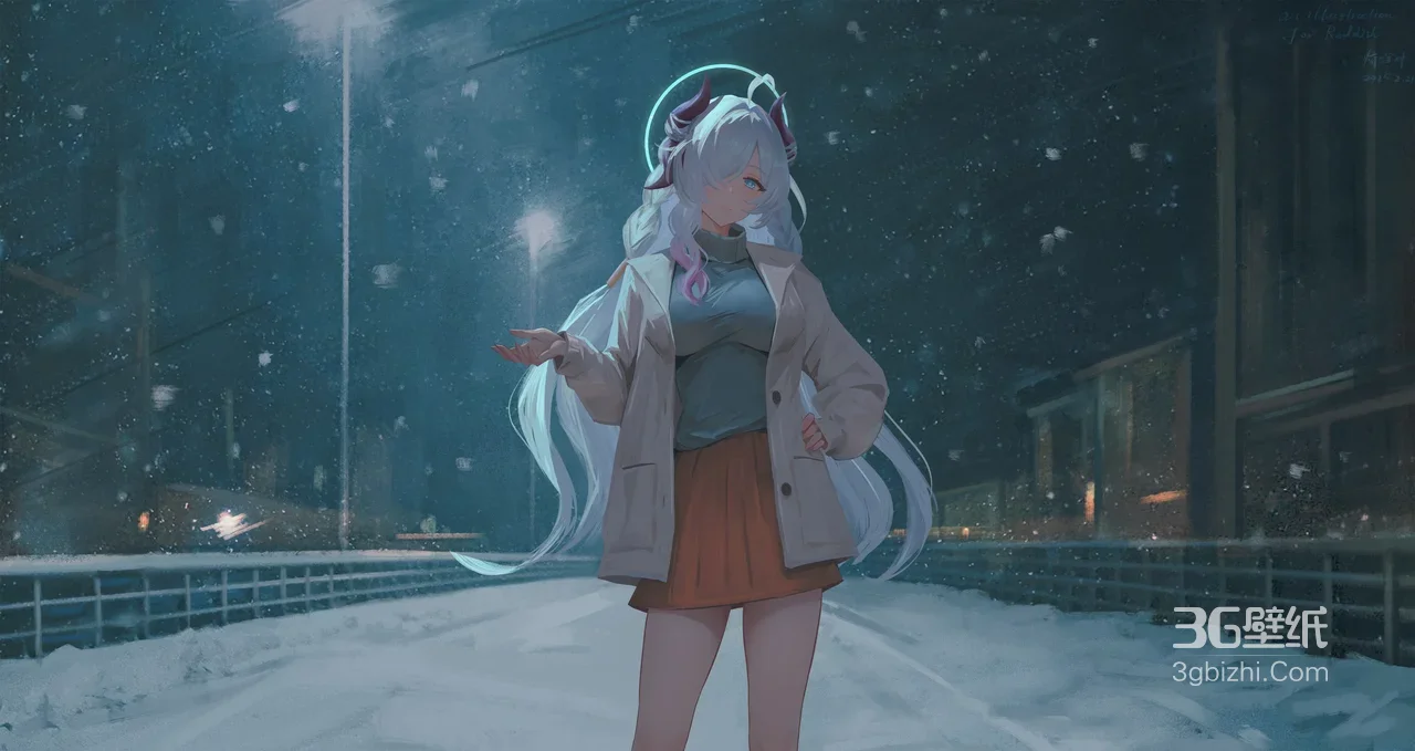 二次元美少女·角与光环·冬夜雪景电脑壁纸1