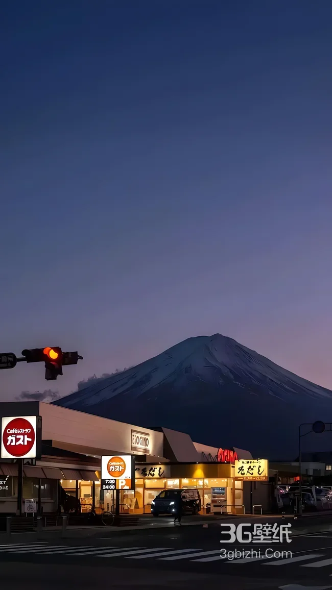 富士山下街道夜景·唯美日系风·静谧黄昏手机壁纸1