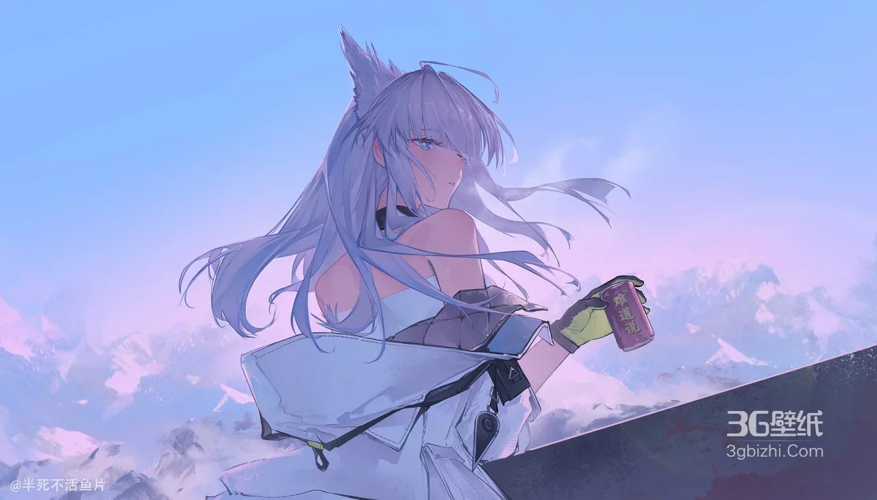 兽耳银发少女·持罐远眺 唯美动漫风雪山电脑壁纸1