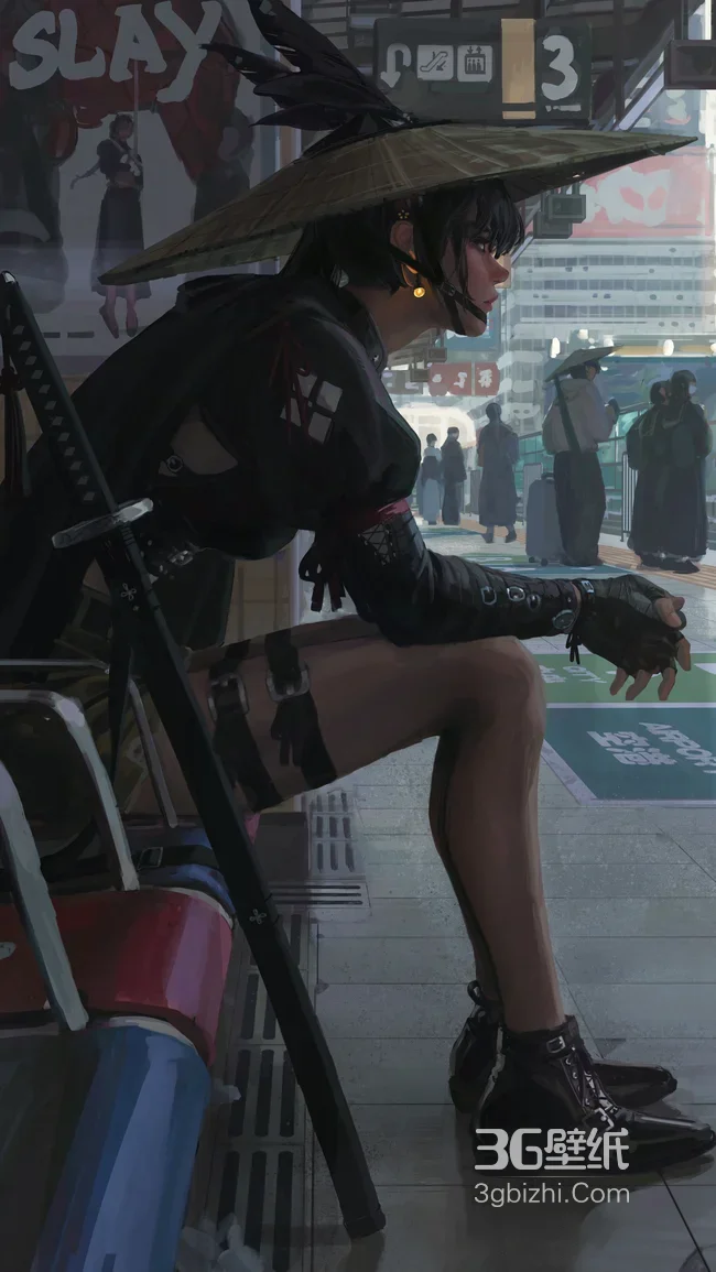 赛博国风武士少女·斗笠佩刀 都市车站候车 高质感手机壁纸1