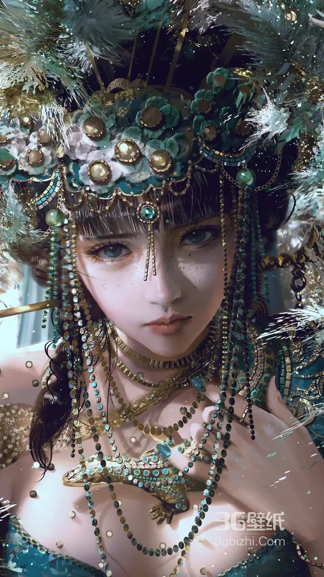 国风华丽饰装女子·绿金古风插画 热门手机壁纸1