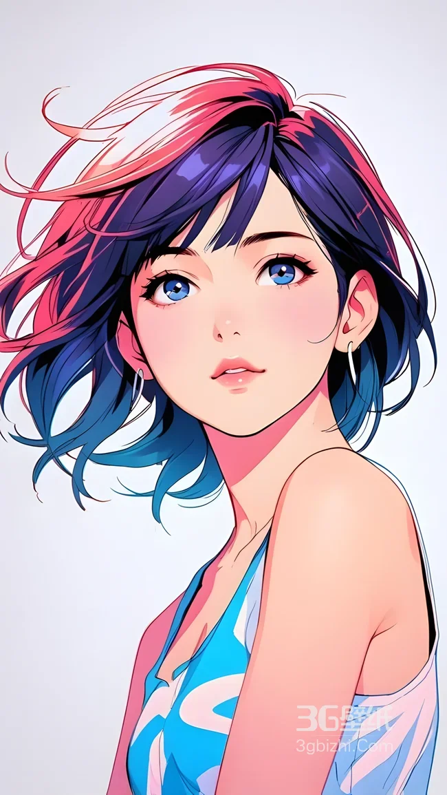 二次元插画·渐变粉紫蓝短发动漫少女 手机壁纸精选1