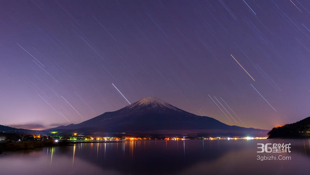 富士山·湖岸星轨夜景 唯美现实风景电脑壁纸1
