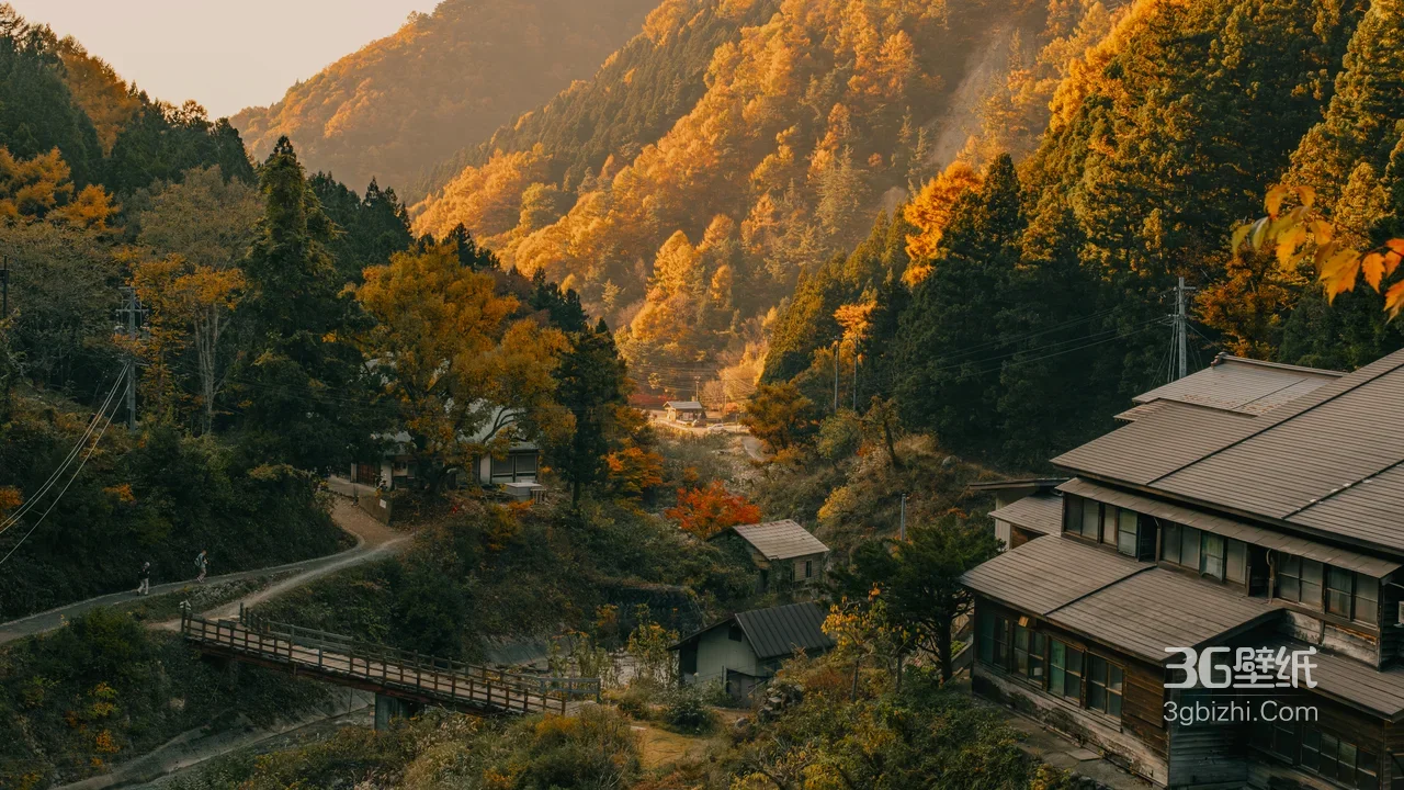 山间日式村落秋景·唯美暖调 治愈系电脑壁纸1