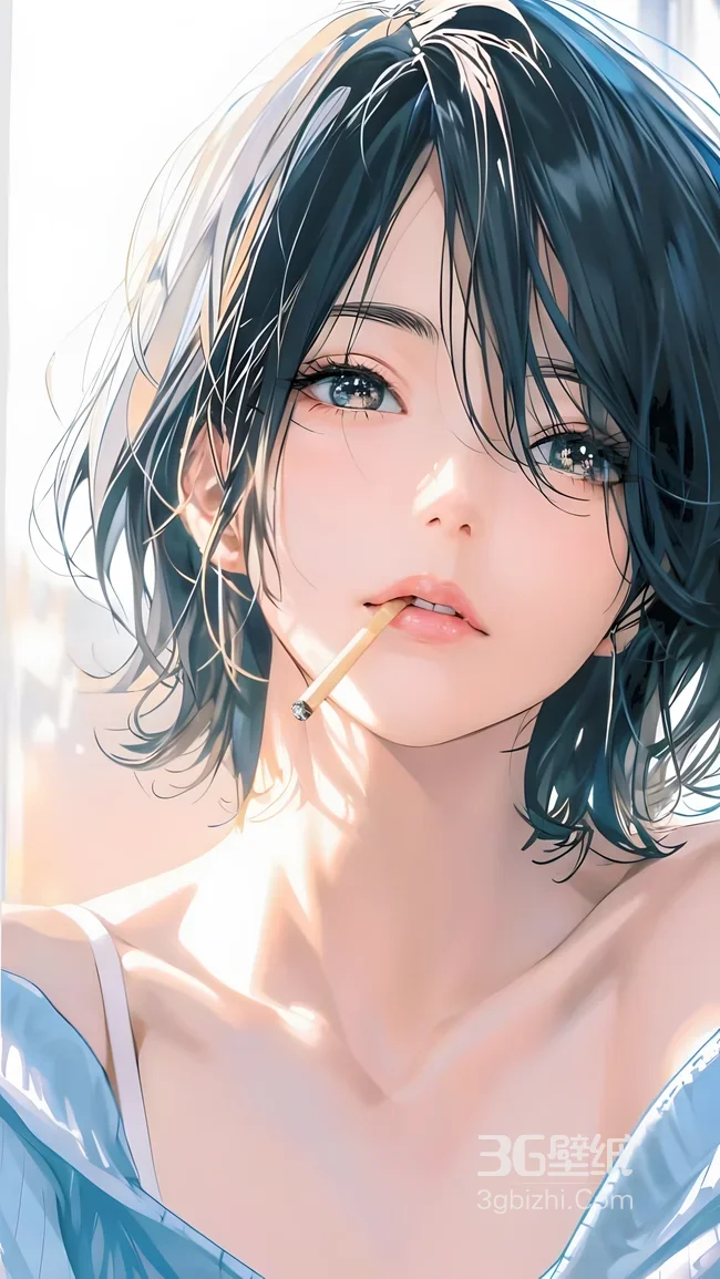 二次元唯美短发蓝发少女·慵懒气质 原创插画手机壁纸（清新治愈手机壁纸）1