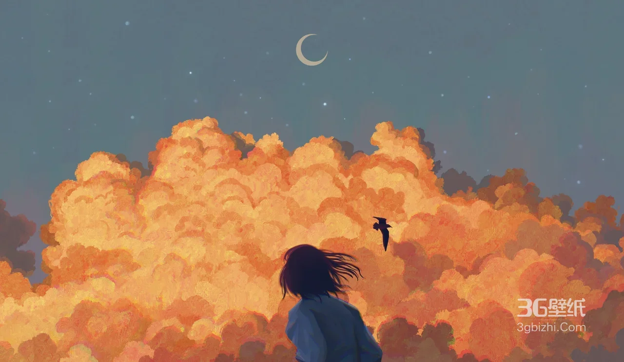 背影少女·橙云弯月飞鸟 唯美插画风宽屏电脑壁纸（车机适配）1