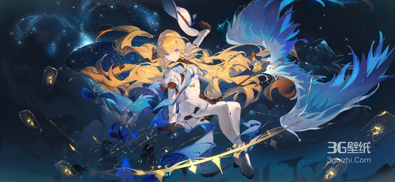 二次元游戏风金发少女·灵翼法杖星空场景 宽屏车机壁纸1