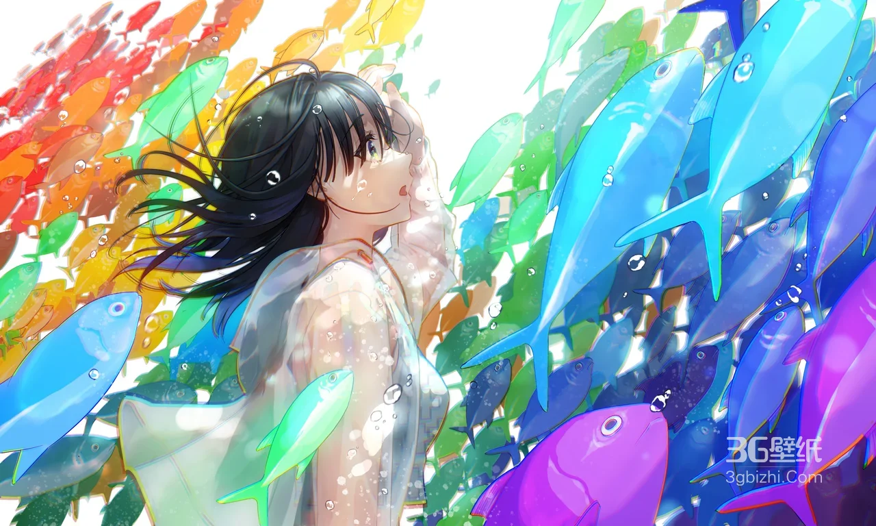 黑长发少女·彩虹鱼群 唯美插画电脑壁纸1