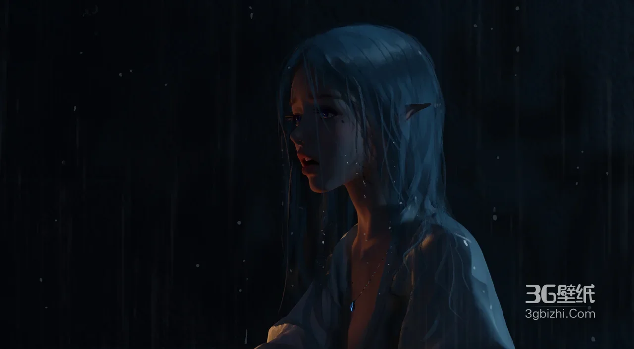 精灵耳少女·雨夜独思 暗黑唯美风原创插画 高质感电脑壁纸1