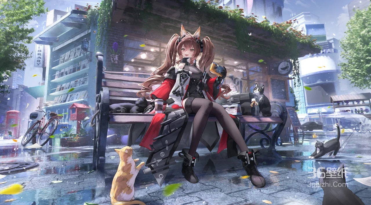 明日方舟兽耳少女·红黑战装 二次元雨后都市猫咪互动壁纸1