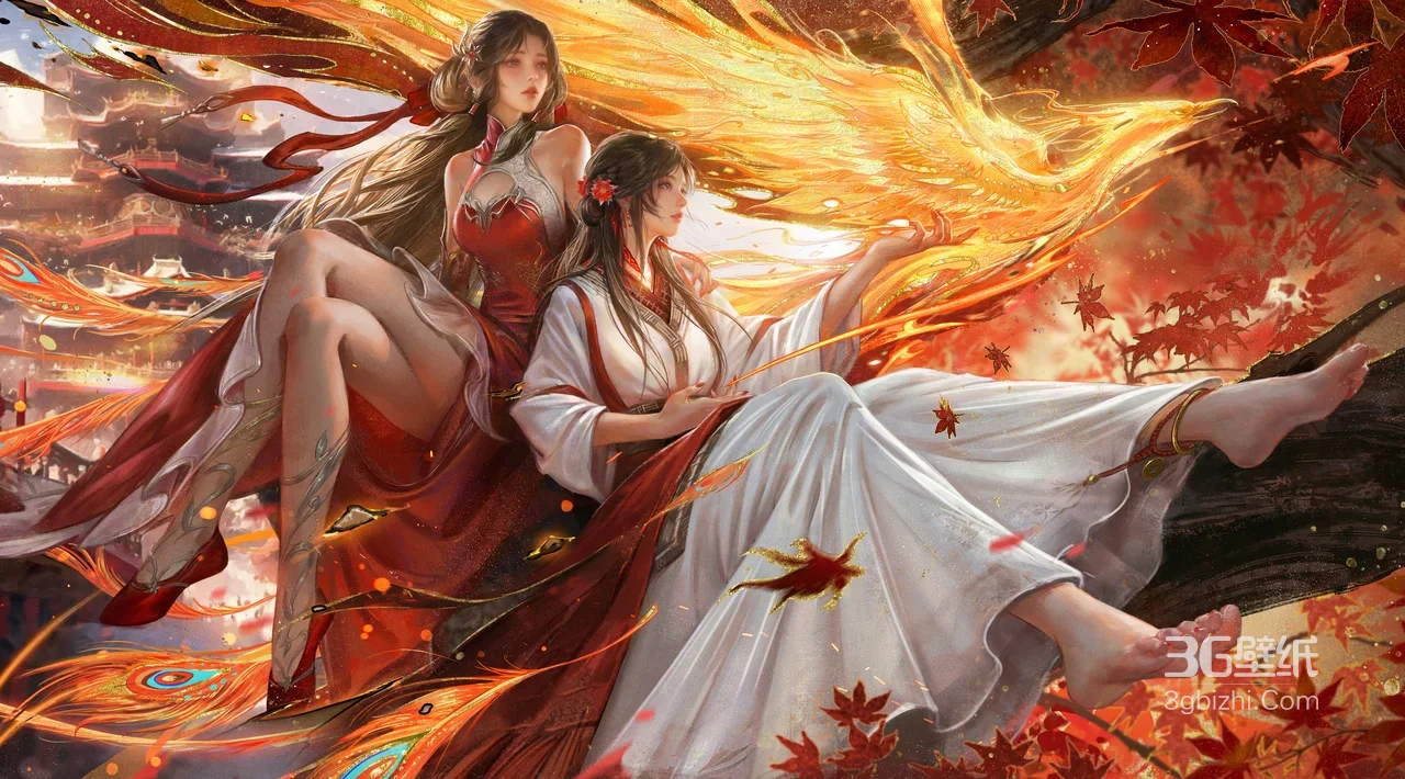 红裳白裙双姝·凤凰伴生 国风唯美电脑壁纸（古风美女电脑壁纸）1