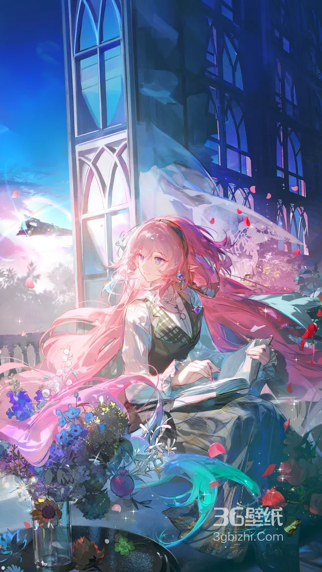 粉发精灵耳少女·唯美二次元 古堡花丛读书 梦幻手机壁纸1