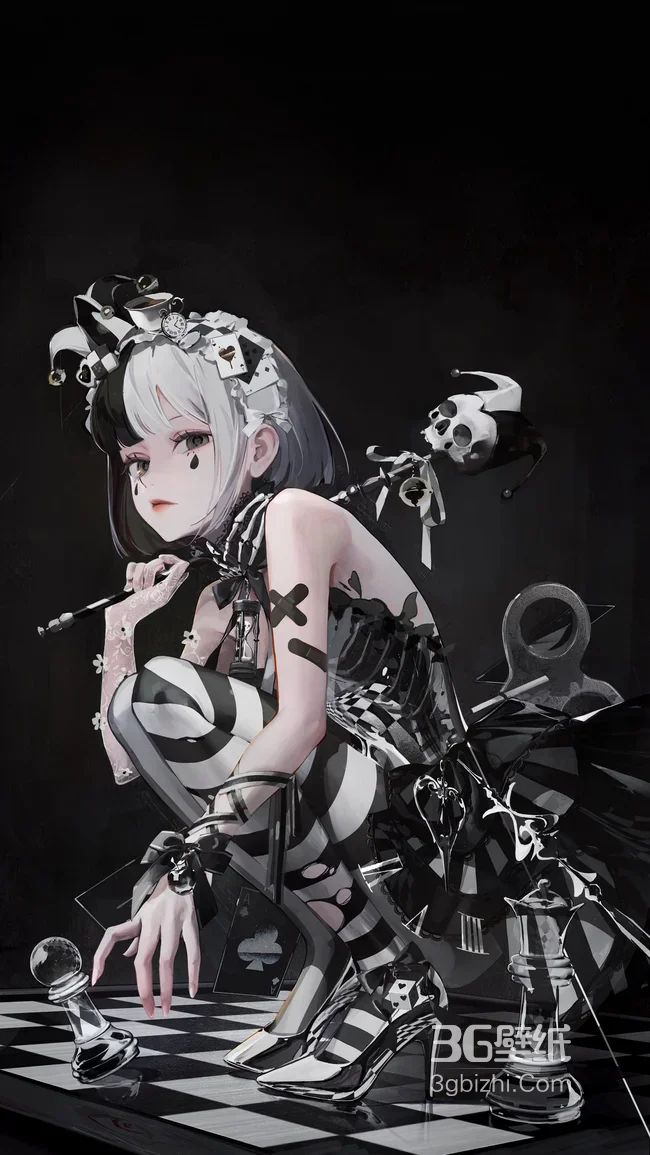 暗黑小丑少女·棋盘沙漏元素 二次元暗黑插画手机壁纸1