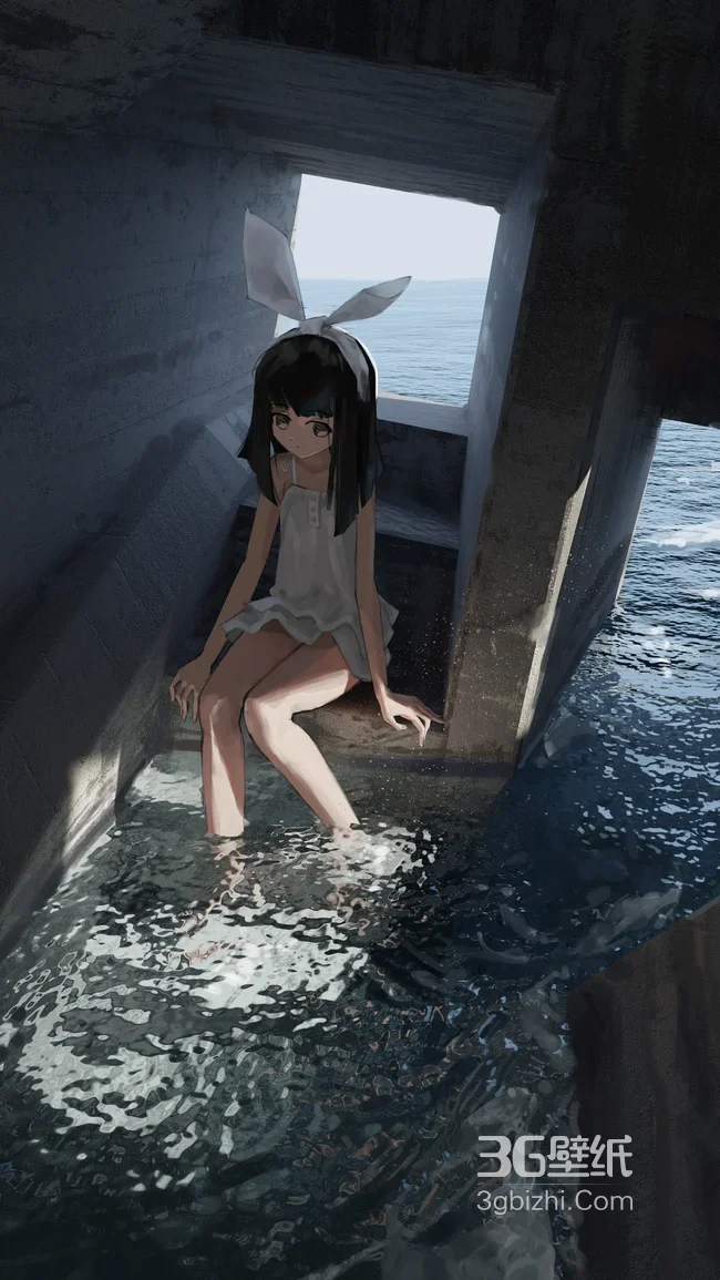 兔耳发箍少女·白裙·海边混凝土水台 二次元写实手机壁纸1
