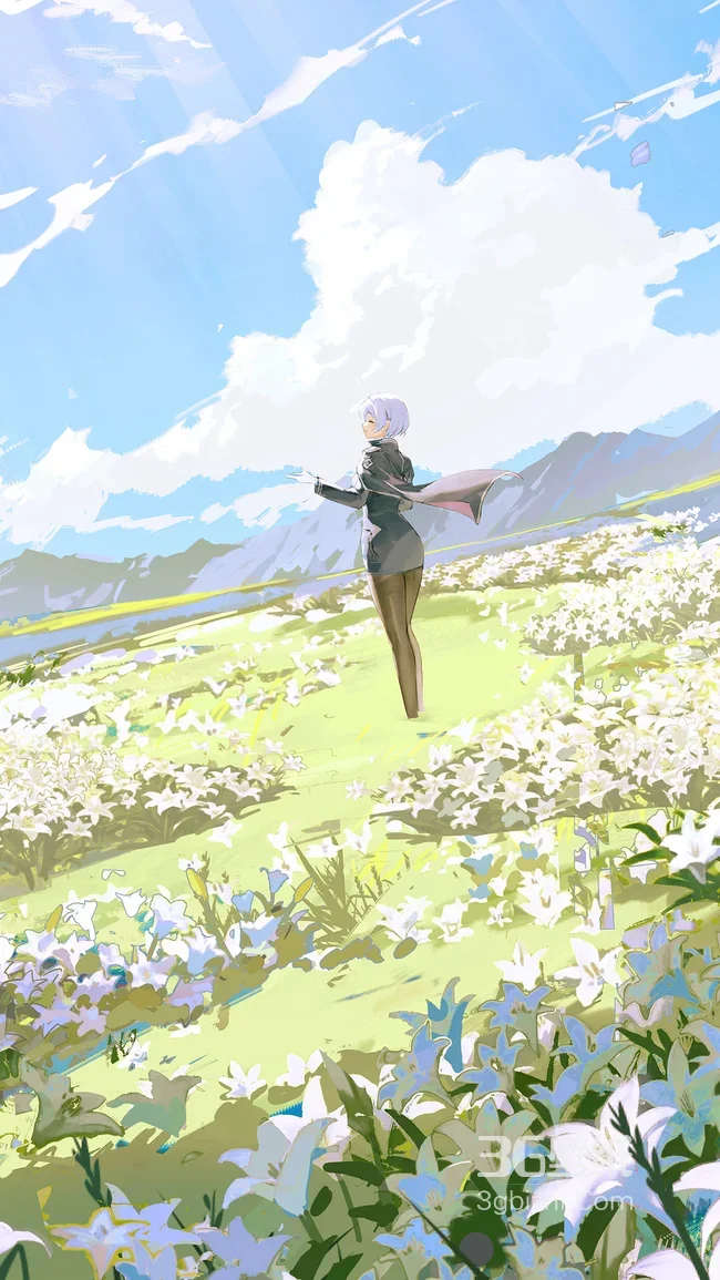 银发少女·花海晴空 二次元唯美动漫场景壁纸1