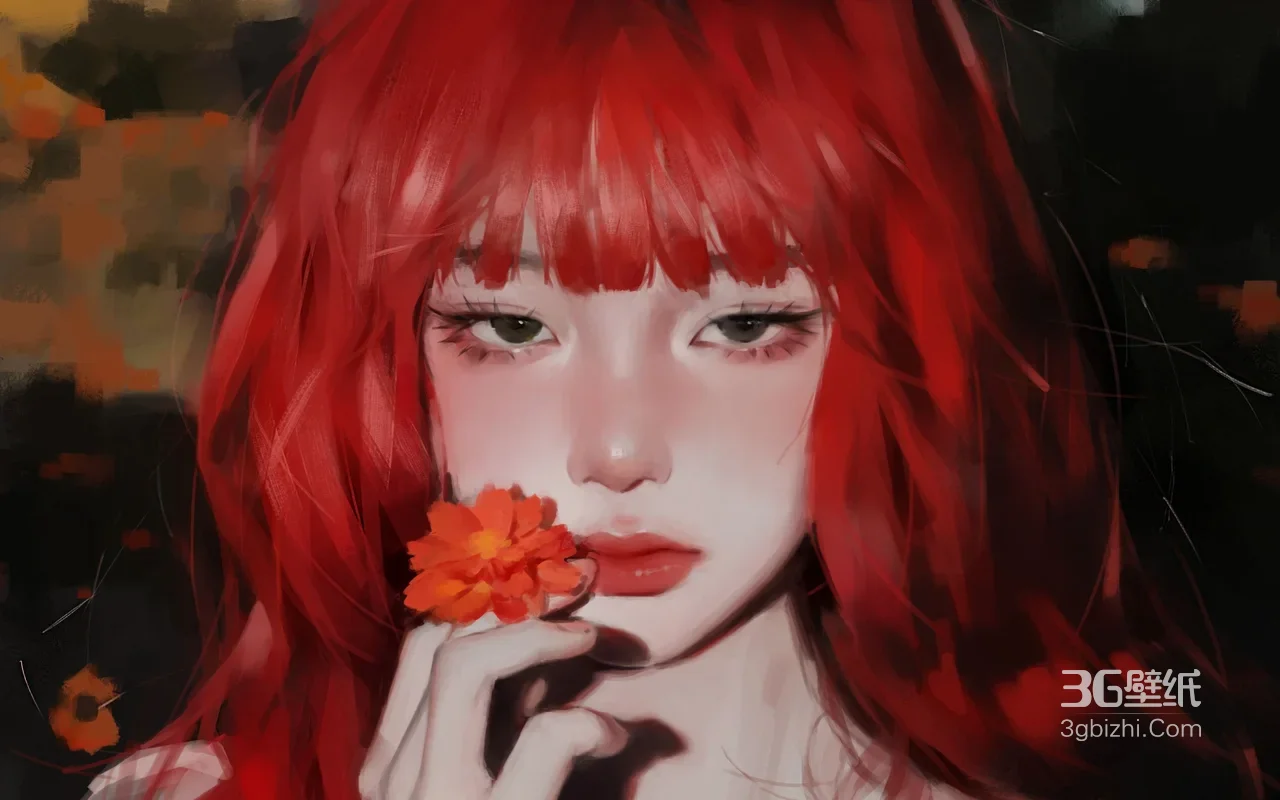 红发少女持暖橘花 写实油画风电脑壁纸1
